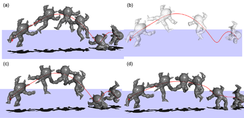 Deformation control results. (a) the original elastic body animation. (b) keyframe shapes modified by the user. (c) the deformation control result. (d) the trajectory control result. 